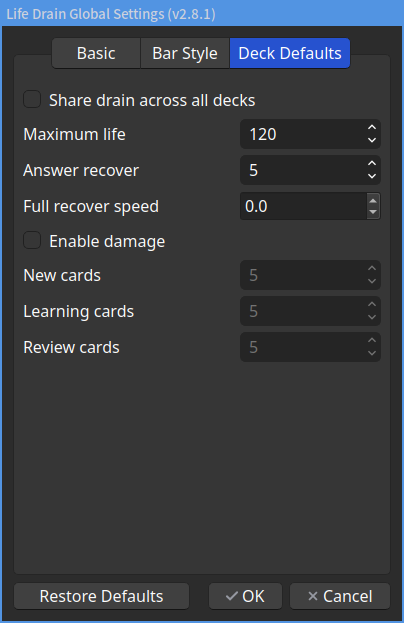 Global Settings - Deck Defaults