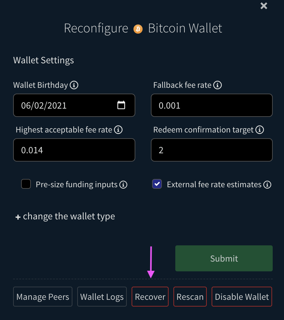 BTC Wallet Settings View